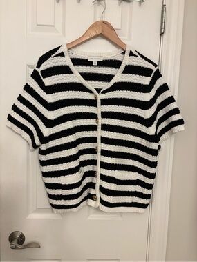 Striped Short-Sleeve Button Cardigan - Free Assembly - Black & White